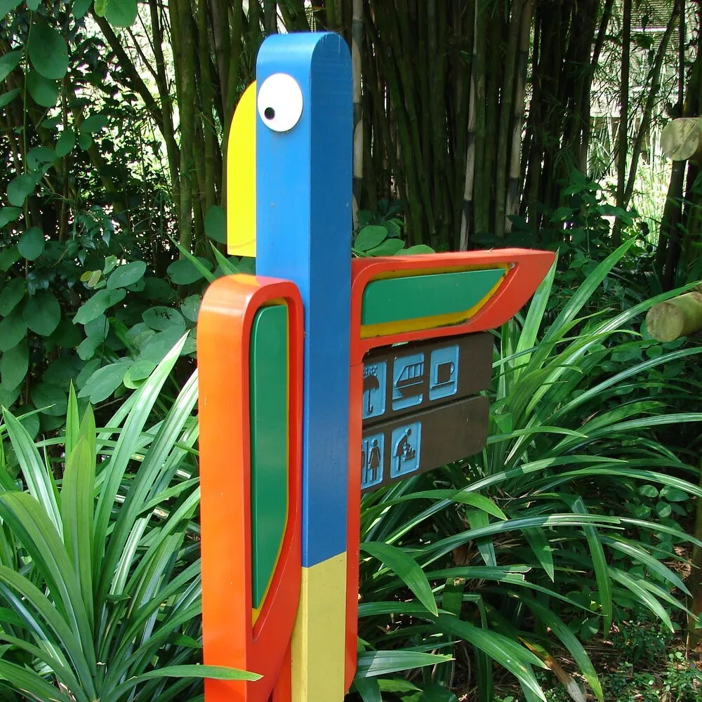 unique directional sign in the shape of a bird