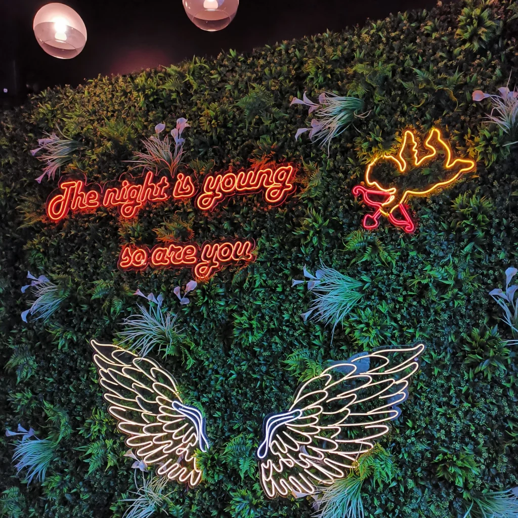 LED strip signage that says the night is young and so are you with a cherub beside it and led strip wings below installed on artificial living wall