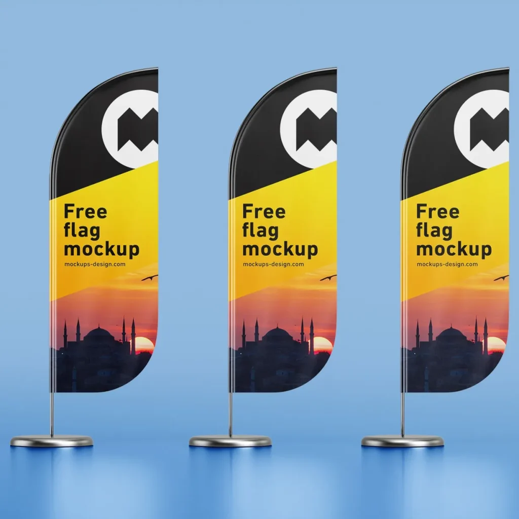 three small feather flag signs that say free flag mockup
